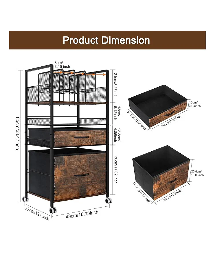 3 Tier Rolling Utility Cart with 2 Drawers Metal Black - Image 2