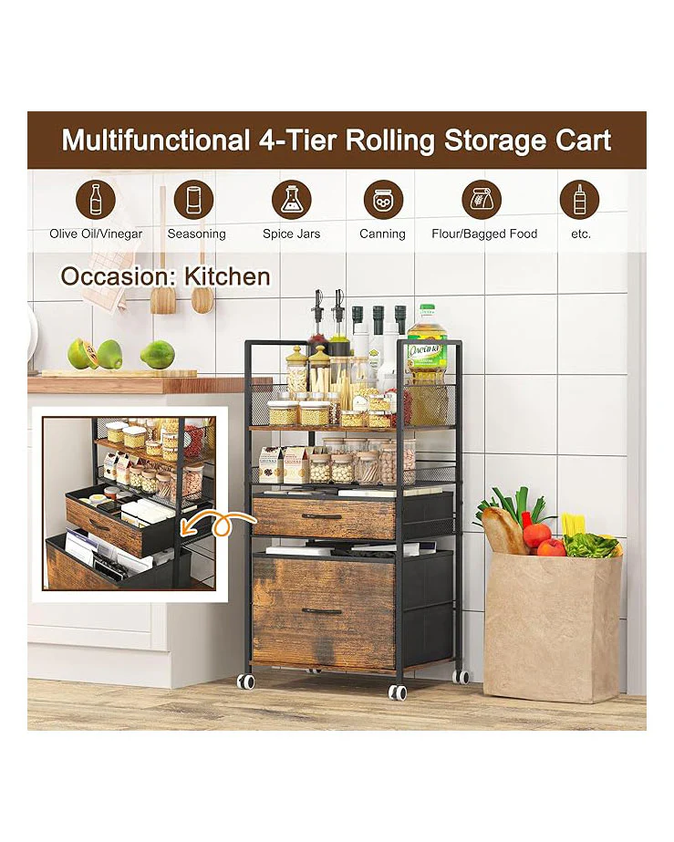 3 Tier Rolling Utility Cart with 2 Drawers Metal Black - Image 5
