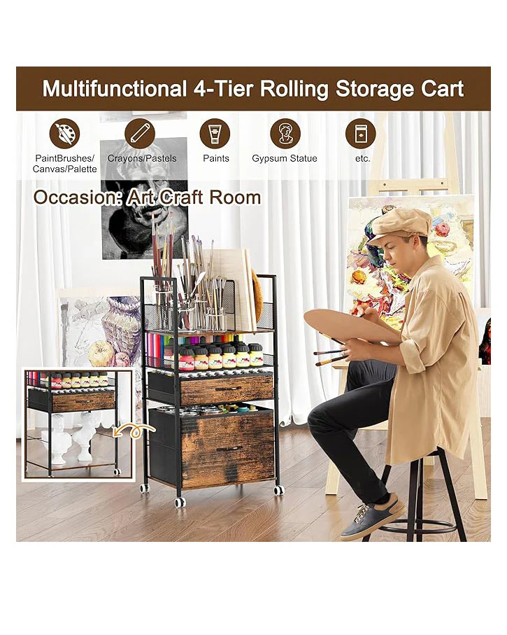 3 Tier Rolling Utility Cart with 2 Drawers Metal Black - Image 7