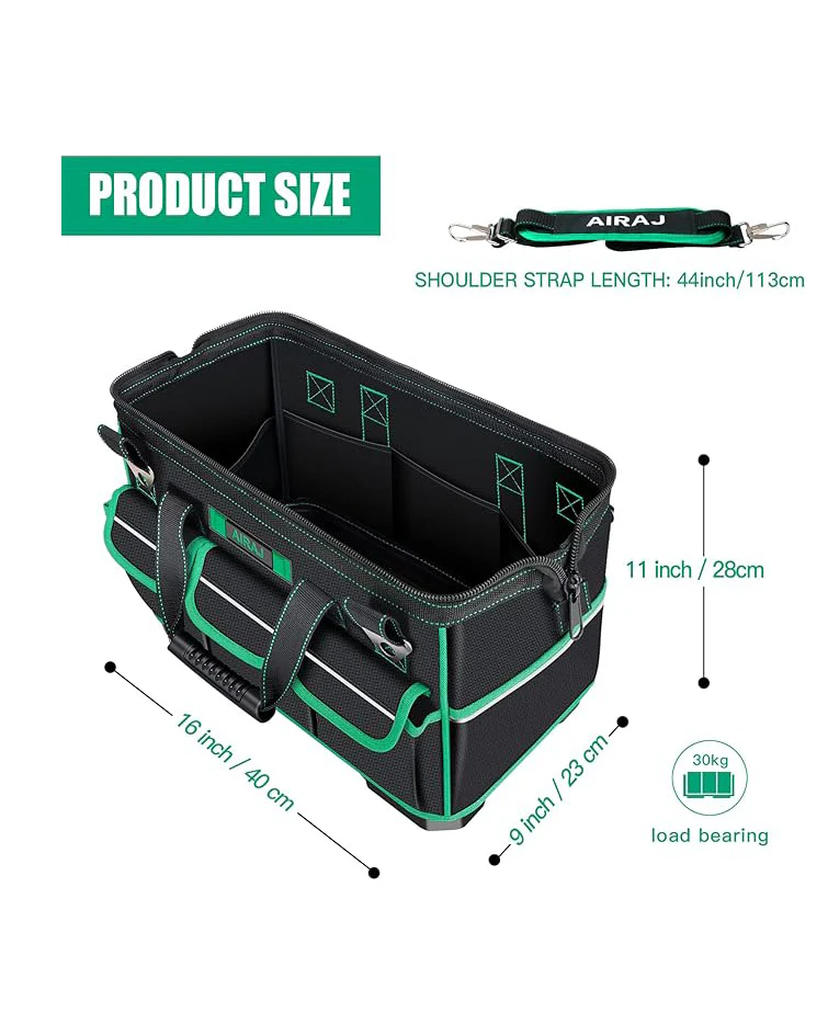 AIRAJ Tool Bag 16" Wide Mouth Heavy Duty Black Green - Image 3