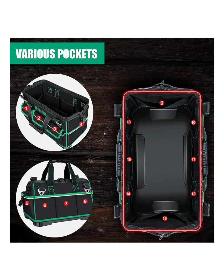 AIRAJ Tool Bag 16" Wide Mouth Heavy Duty Black Green - Image 5