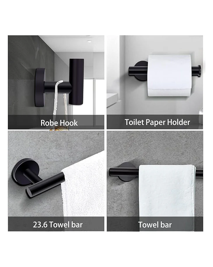 Bathroom Hardware Towel Bar Set Stainless Steel Black 4 Pk - Image 3