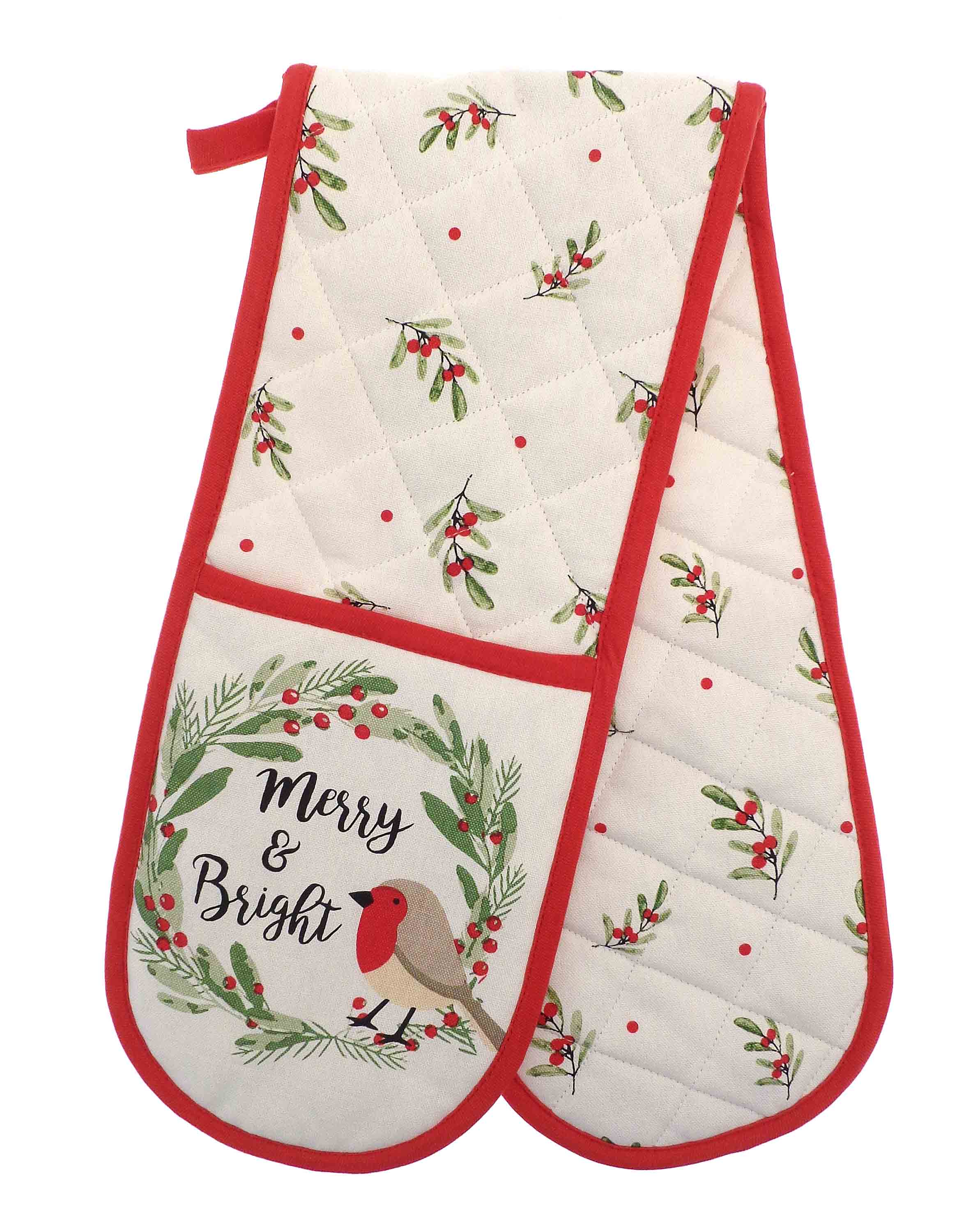 Christmas Robin Double Oven Glove One Size Cream