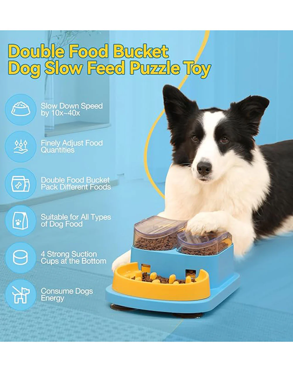 Double Food Bucket Slow Feeder Dog Bowls Puzzle Toy Blue - Image 3