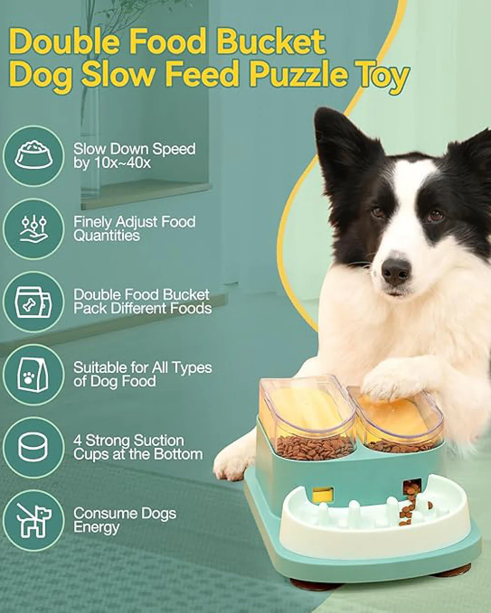 Double Food Bucket Slow Feeder Dog Bowls Puzzle Toy Green - Image 4