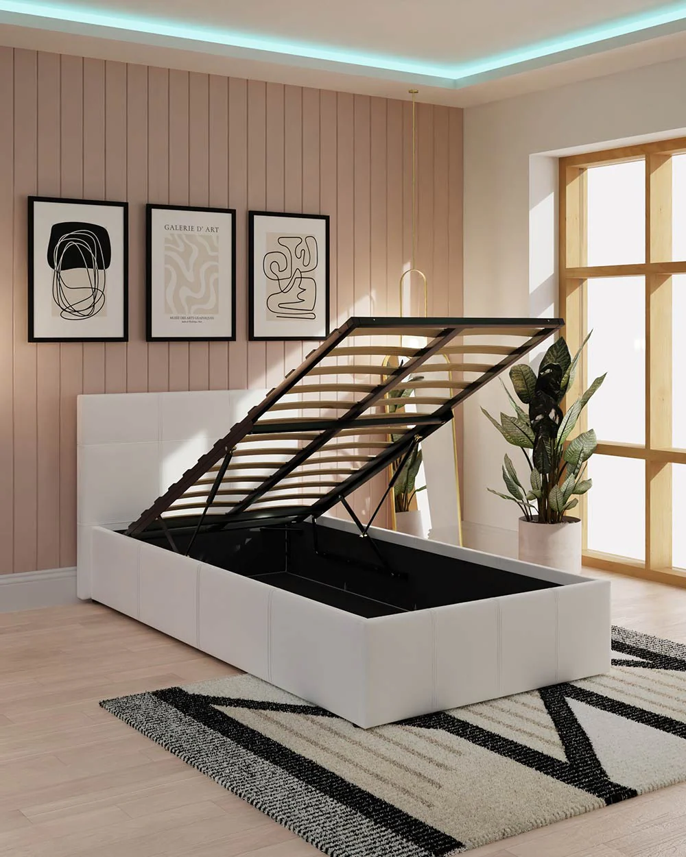 End Lift Ottoman Single Bed White Faux Leather 90cm - Image 2