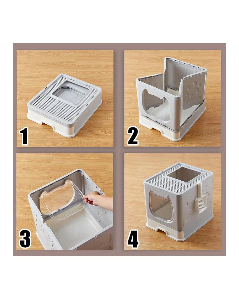 Kitten Cat Rabbit Foldable Litter Box Tray with Lid Grey - Image 2