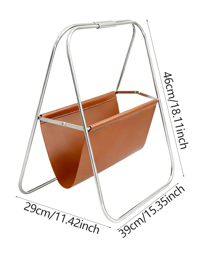 Magazine Holder Stainless Steel PU Leather Brown - Image 3