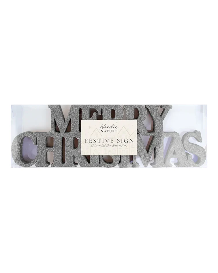 Merry Christmas Silver Glitter Sign 10cm x 32cm