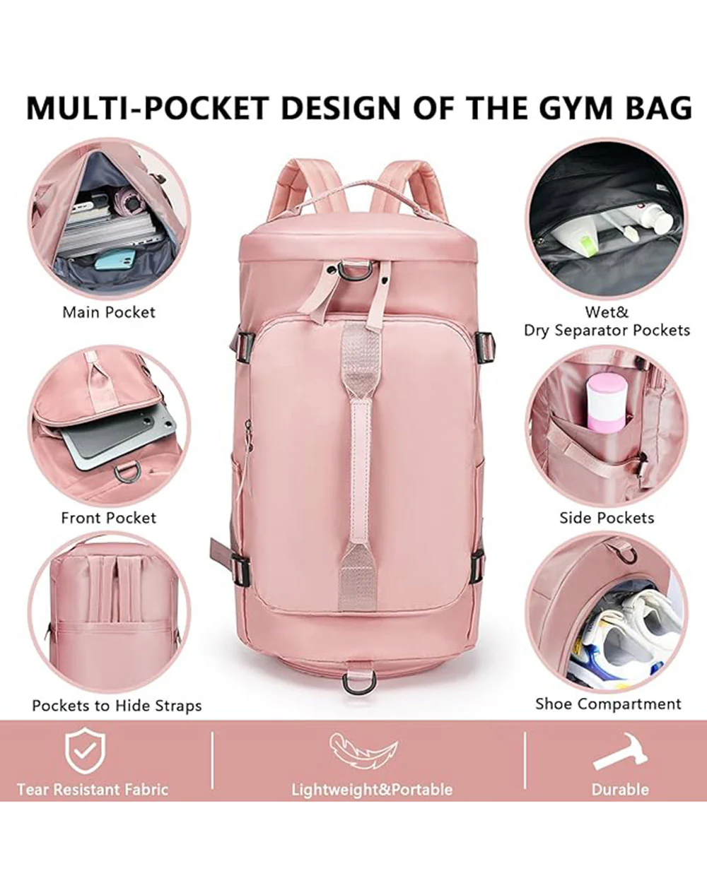 Multi Functional Gym Travel Bag Pink Rucksack Holdall - Image 3
