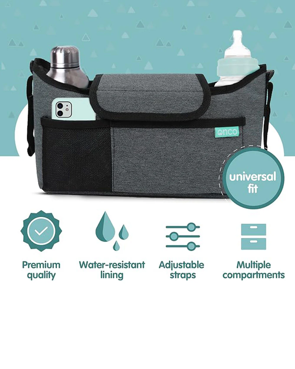 Onco Multifunctional Stroller Pram Organiser Bag Grey - Image 2