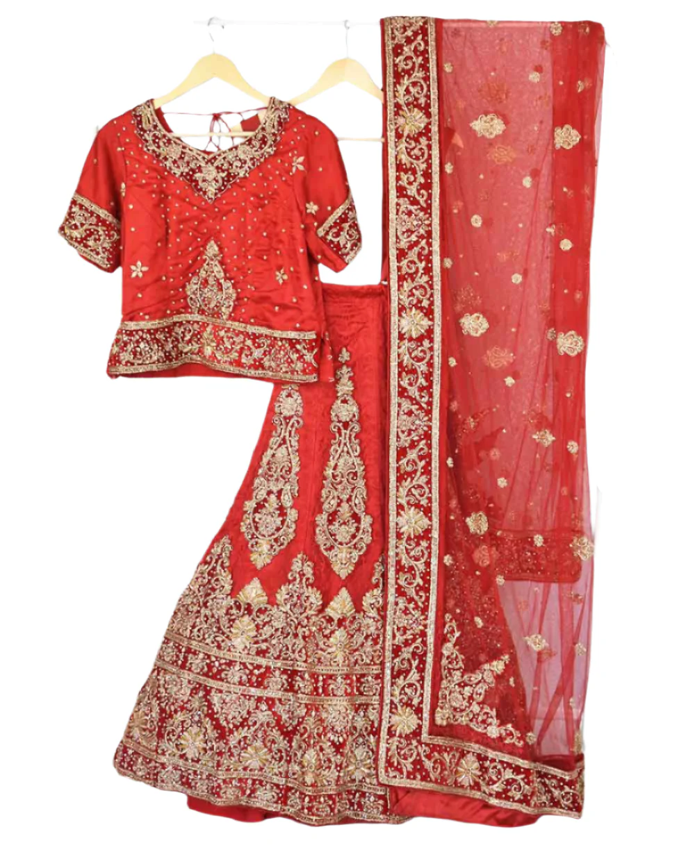 Red 3 Piece Bridal Peplum Lehenga Dupatta Size 12-14 - Image 2