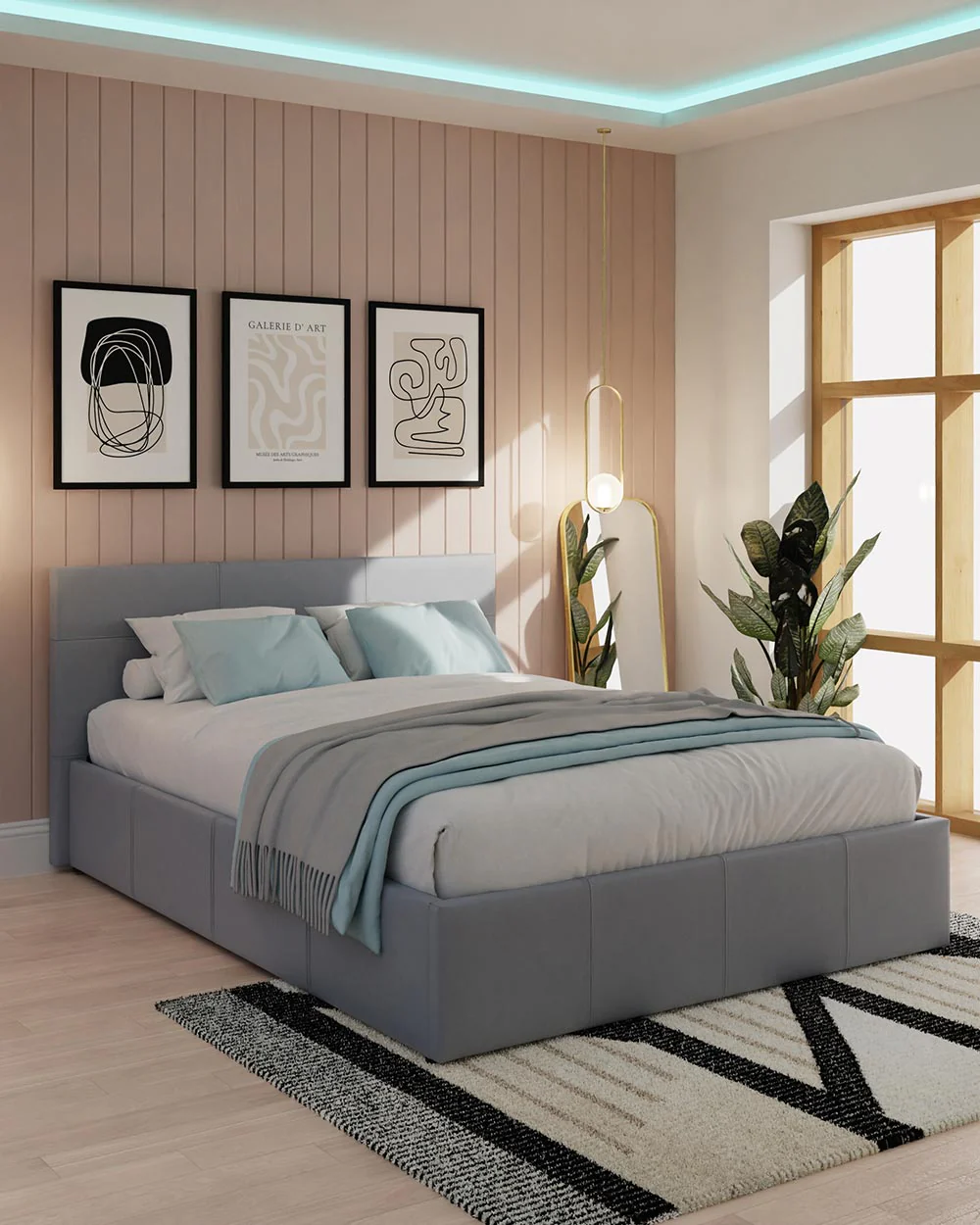 Side Lift Ottoman Double Bed Grey Leather 135cm