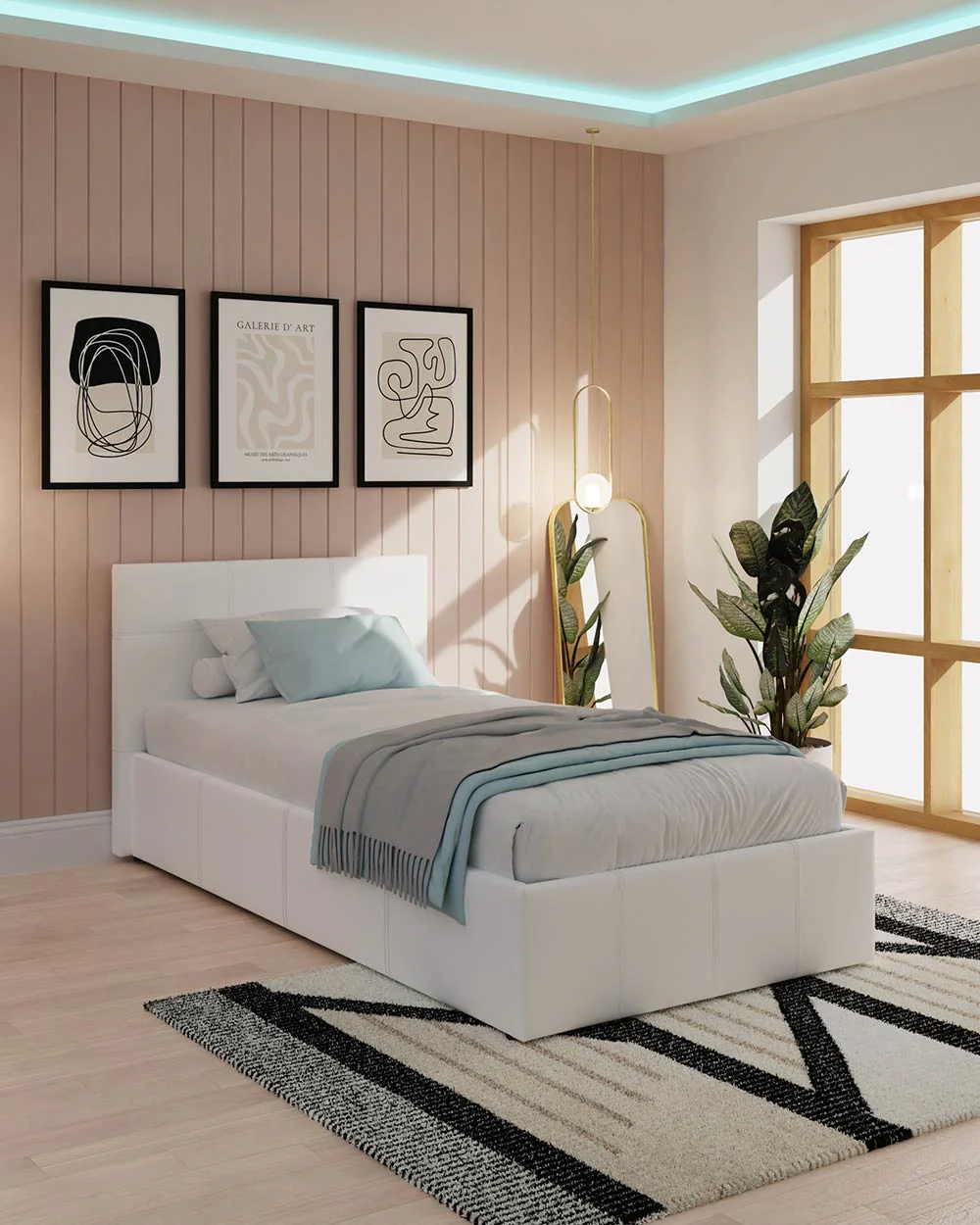 Side Lift ottoman Single Bed White Faux Leather