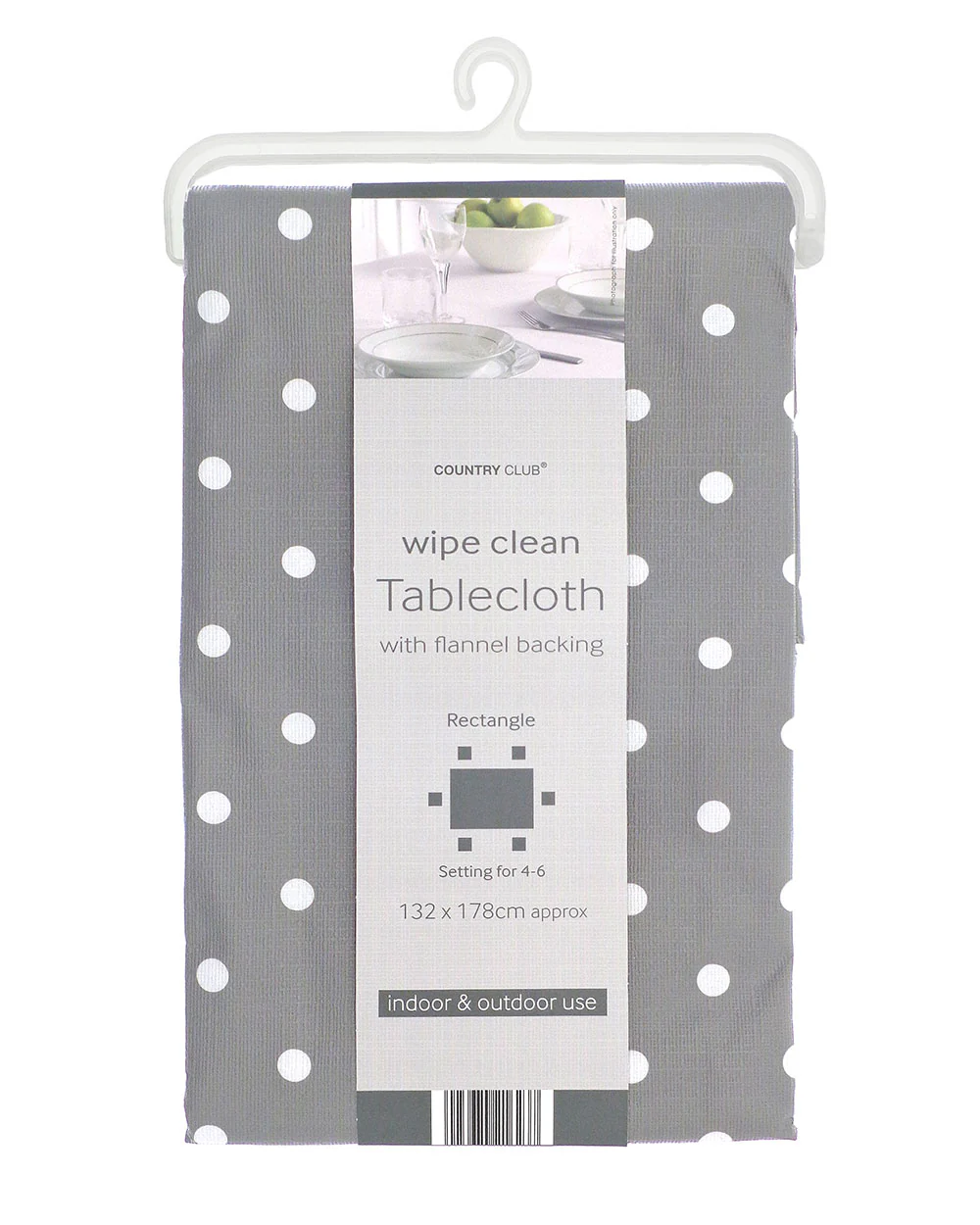 Wipe Clean Tablecloth Polka Dot White And Grey 132 x 178cm