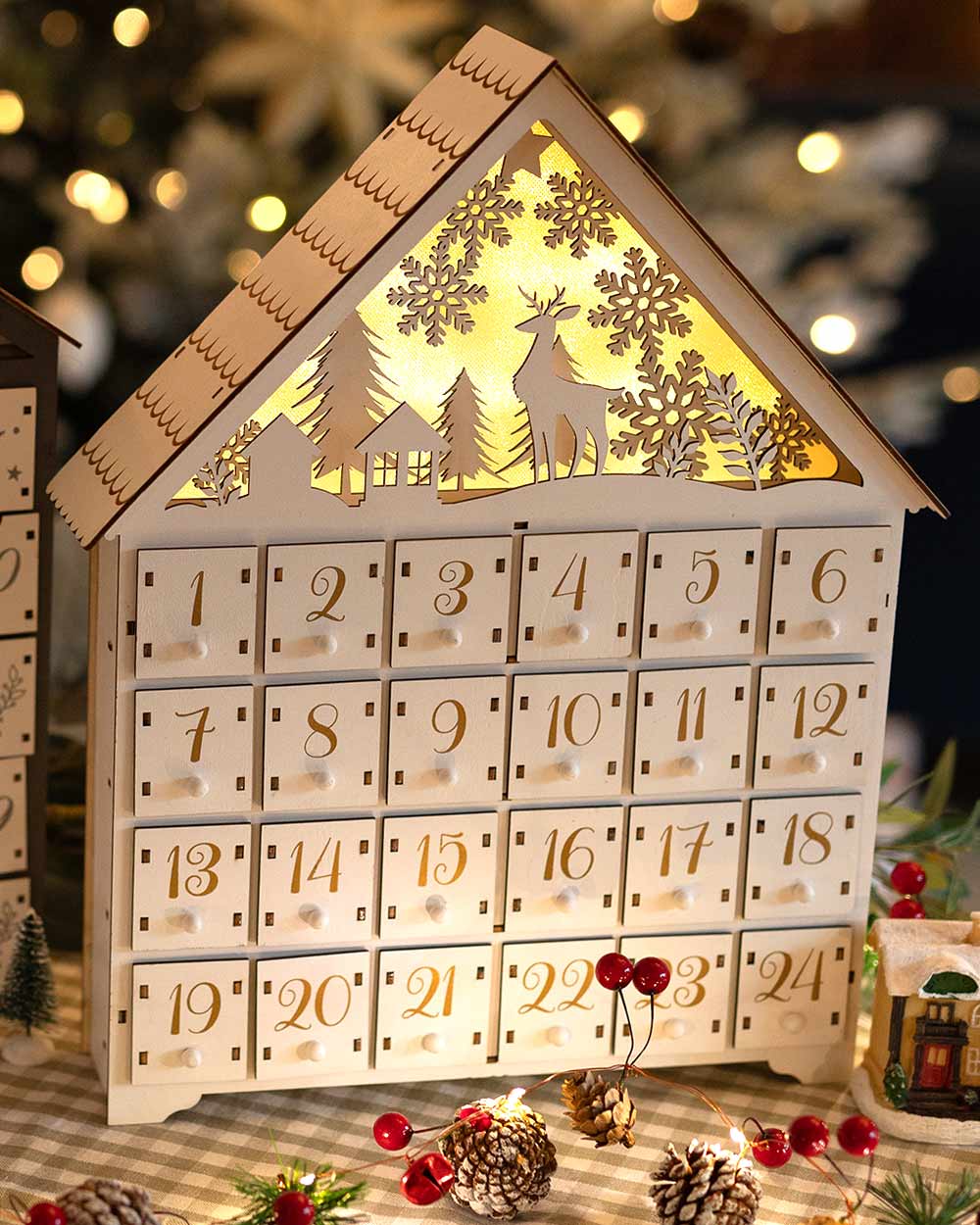 Wooden Advent Calendar LED Light Up Woodland Scene White - Image 4