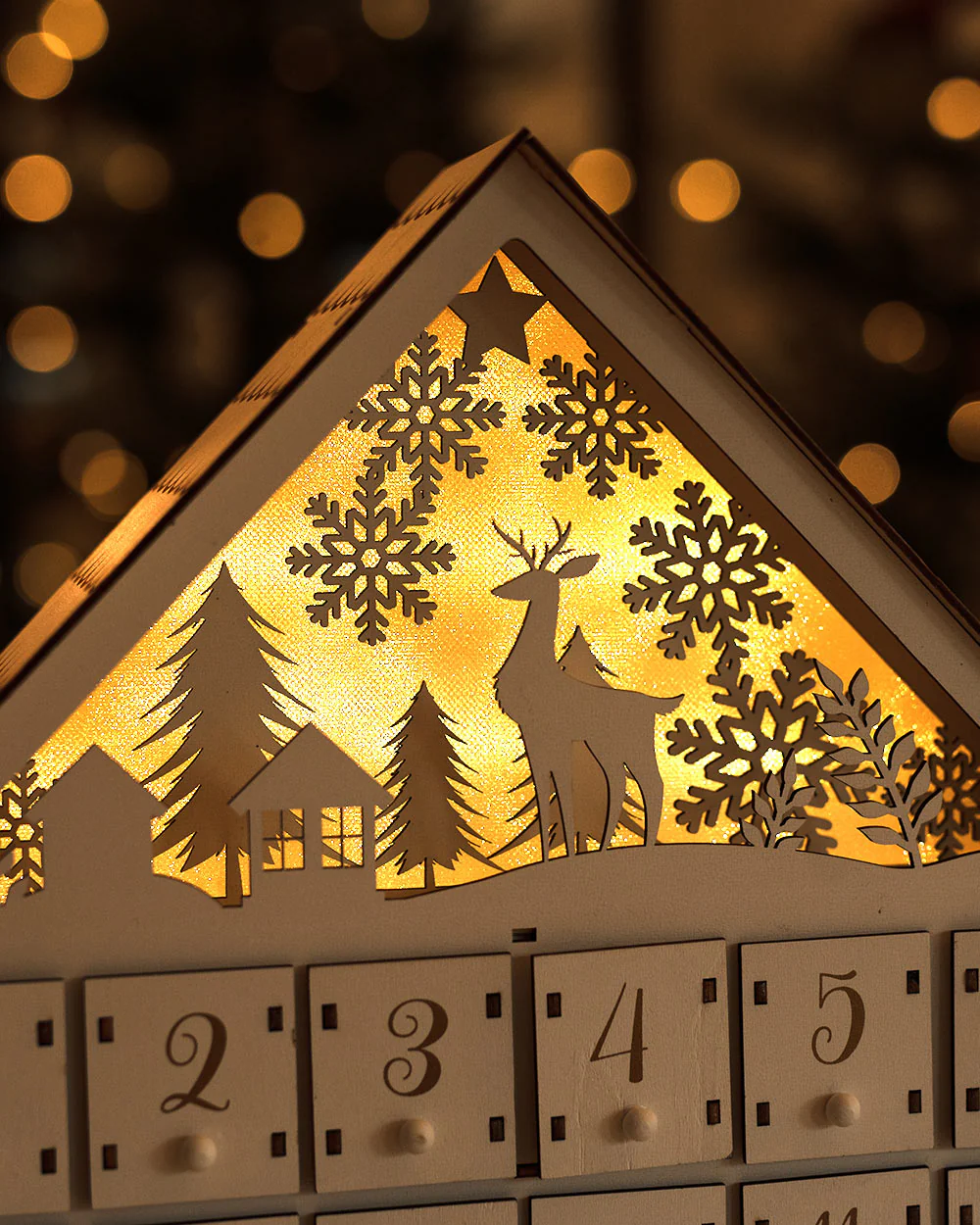 Wooden Advent Calendar LED Light Up Woodland Scene White - Image 6