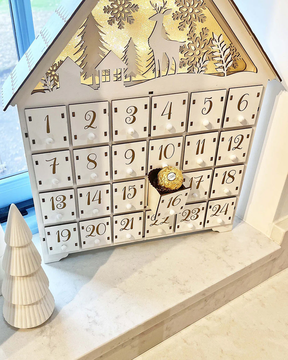 Wooden Advent Calendar LED Light Up Woodland Scene White - Image 7